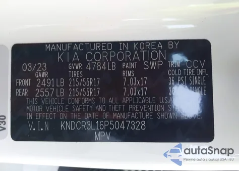 2023 Kia Niro Ev Wind z USA, uszkodzony, nr VIN KNDCR3L16P5047328